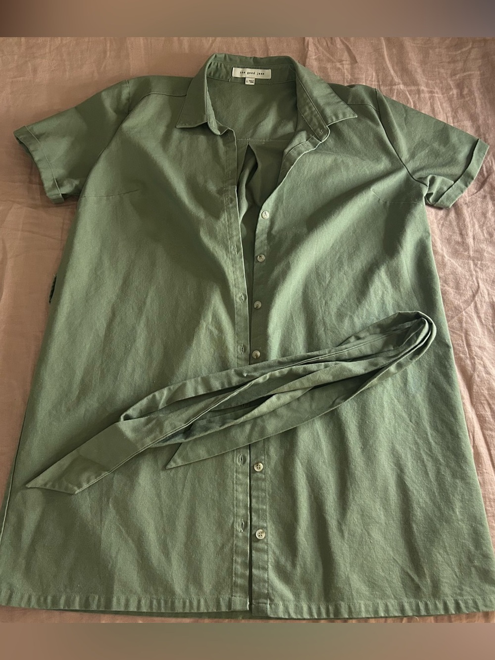 Short-Sleeve Olive Green Button-Down Shirt Dress with Removable Waist Tie